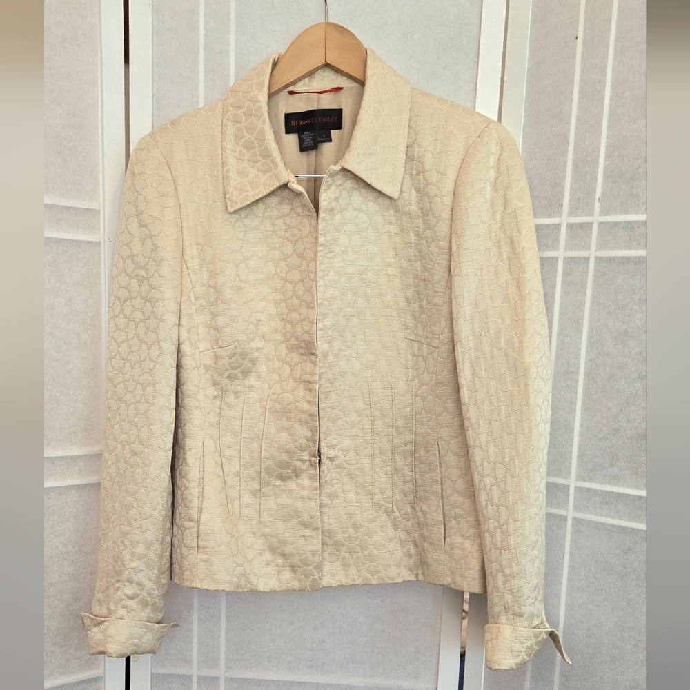 NINA MCLEMORE Cream Silk Cotton Blend Textured Blazer